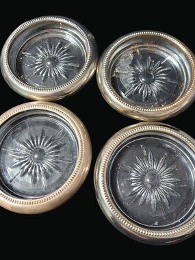 Set Of 4 Vintage 1960s Leonard Silver Glass Coasters Silver-Plated Rim SO1 Q
